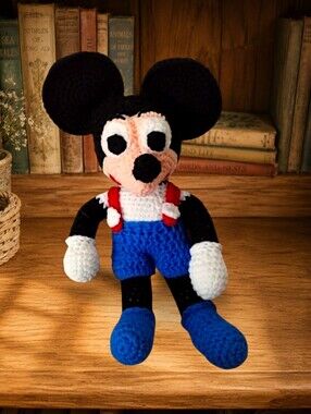 Vintage Handmade Crochet Mickey Mouse Doll Plush 17" Folk Art